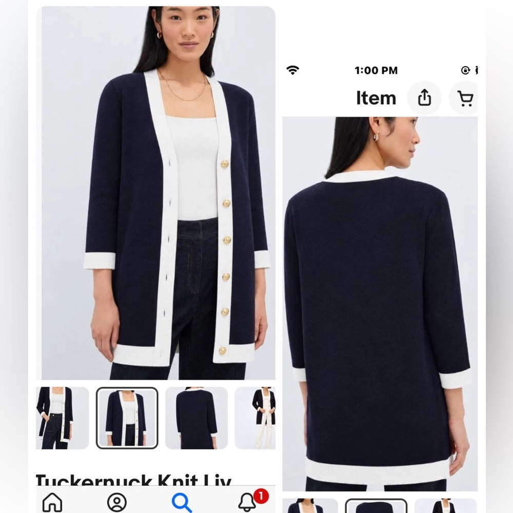 Tuckernuck Knit Liv Cardigan Midnight Navy with White trim NET Sx XS